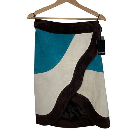 NWT Size: 40 (US size L/8)Yves Saint Laurent Colorblock Suede Wrap Skirt - Picture 1 of 15